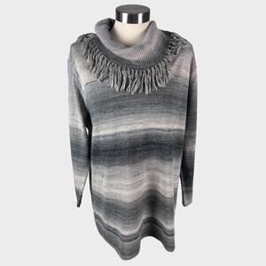 Notations Womens XL Cowl Neck Fringe Gray Striped Sweater Acrylic